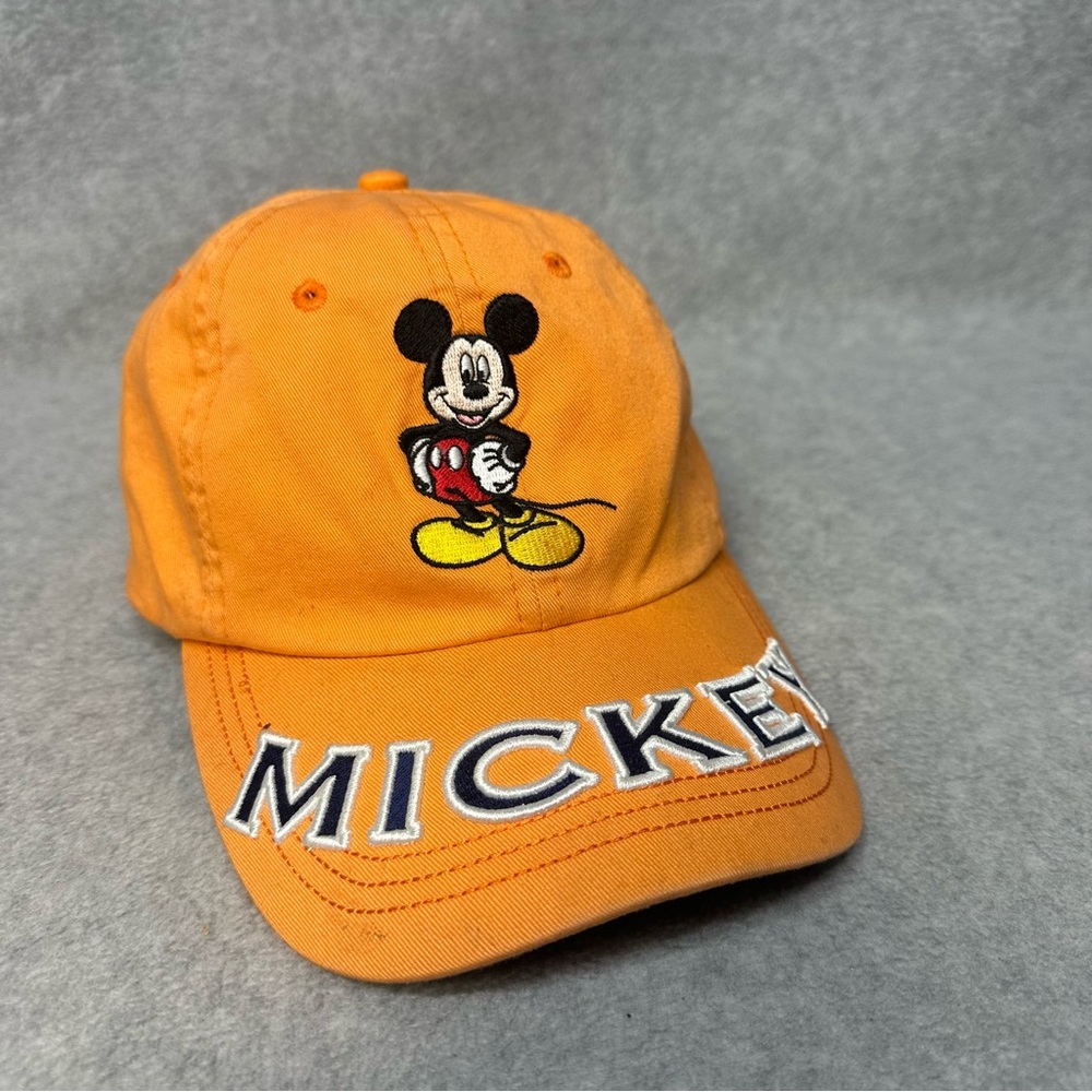 Disney Mickey Mouse Hat Cap Adult OSFA Orange Strap Back Spellout Travel Parks‎